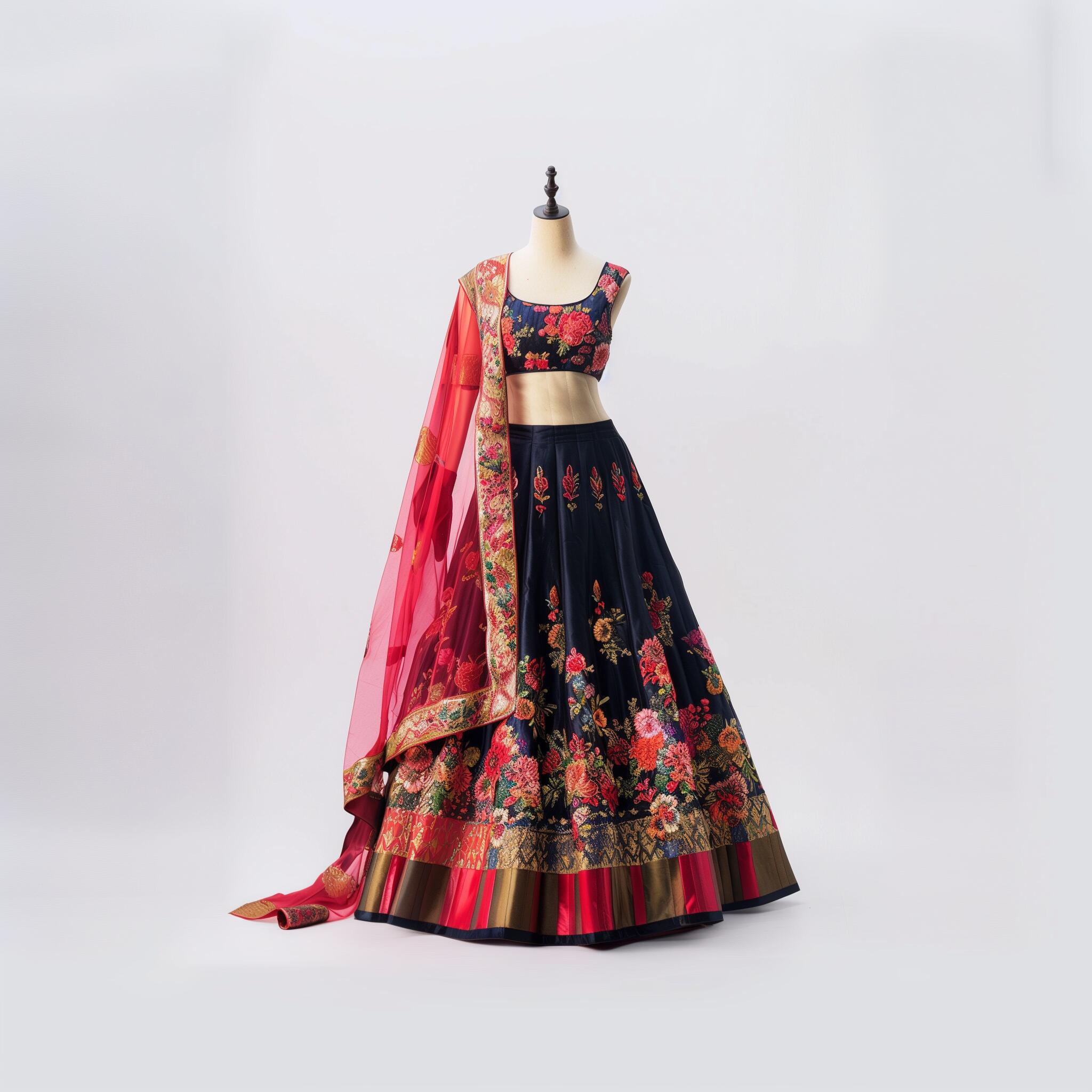 Handcrafted Black Floral Lehenga Set with Red Dupatta