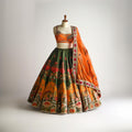 Handcrafted Floral Lehenga Set in Green & Orange
