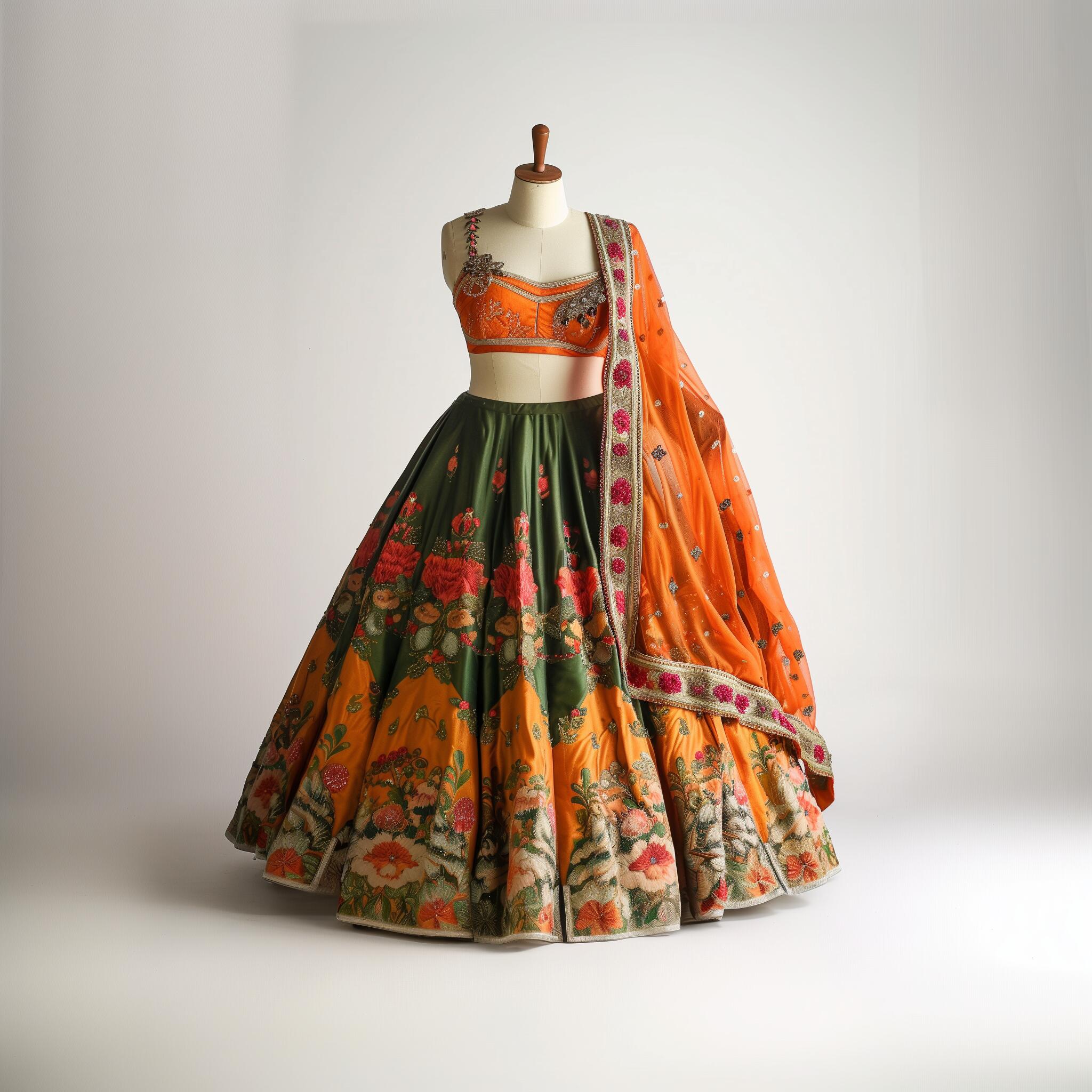 Handcrafted Floral Lehenga Set in Green & Orange